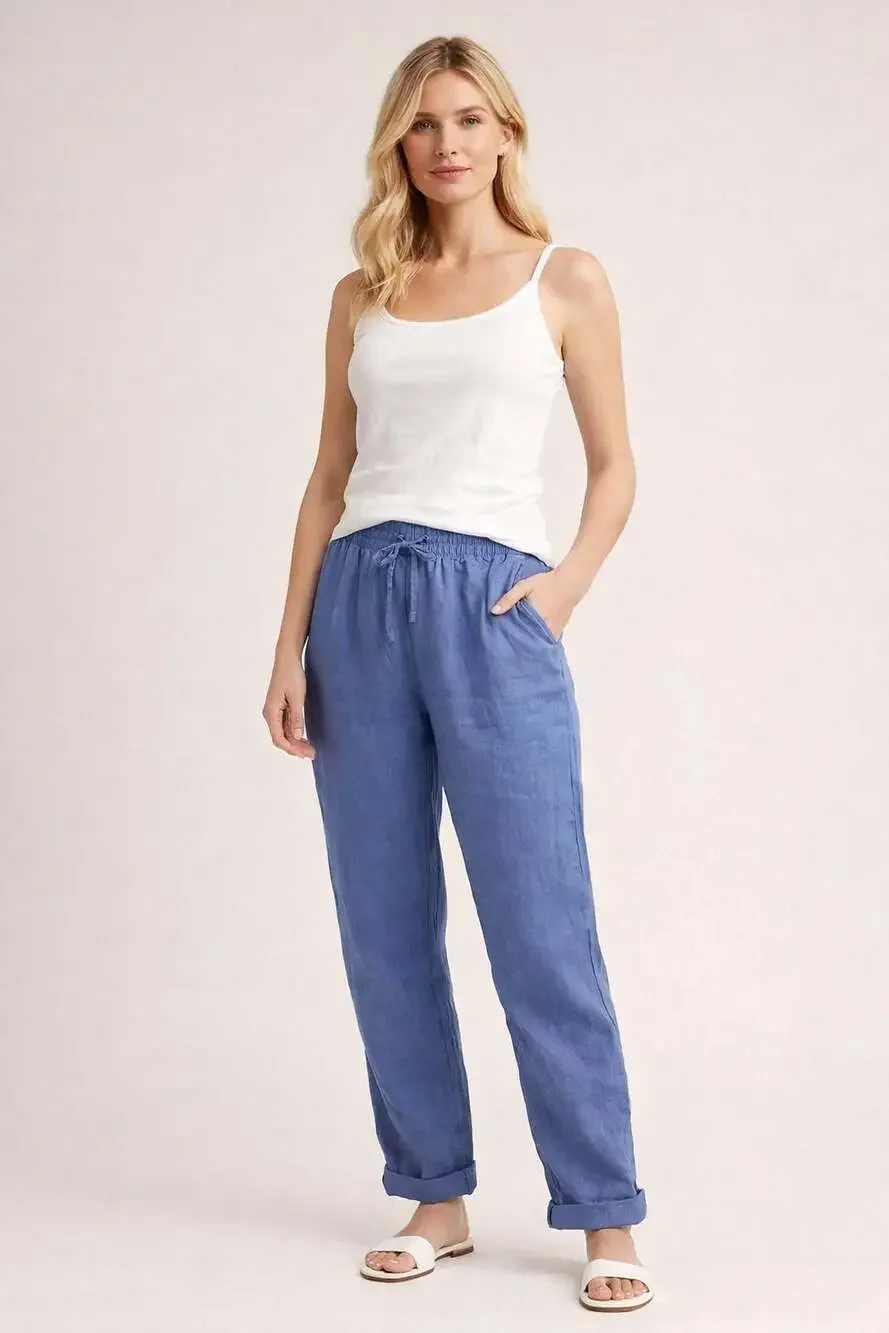 H&M Premium Selection XL Natural Linen Drawstring Pants Blue Summer Boho